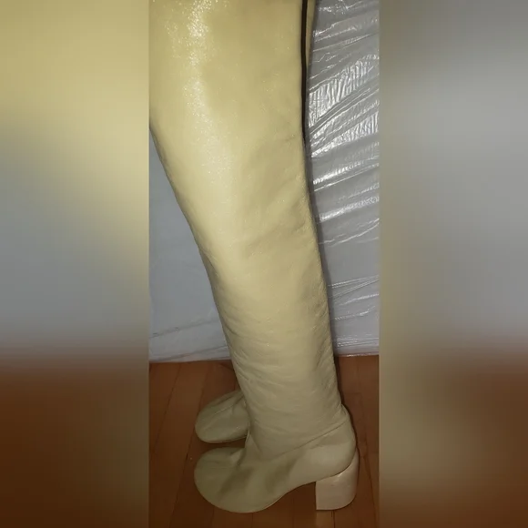 Jil Sander Cream 100% lambskin leather thigh high round toe block heel boots 10 - Picture 3 of 16